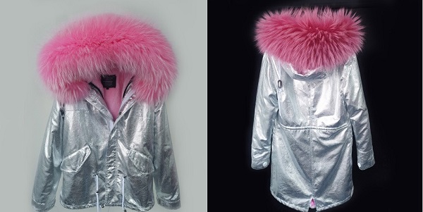 Серебряная куртка с розовым мехом